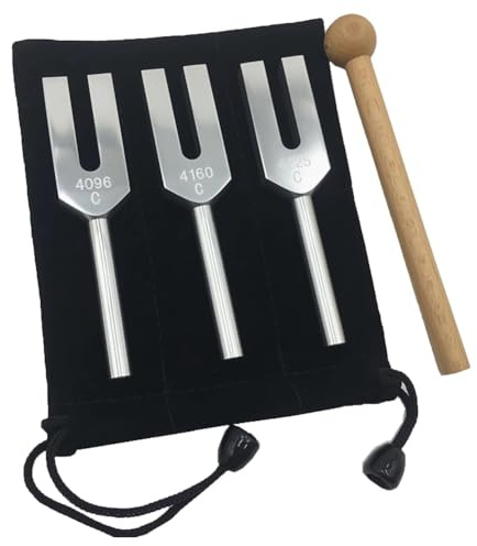 HuddleGlow Juego de Diapasones Angel - 4096 Hz, 4160 Hz, 4225 Hz - Juego de Instrumentos Terapéuticos con Golpe de Madera y Bolsa de Almacenamiento
