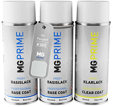 MG PRIME Autolack Sprühdosen Set für Peugeot KWE Blanc Nacre/Perlmutt Weiss Metallic Grundlack Basislack Klarlack Spraydose 400ml