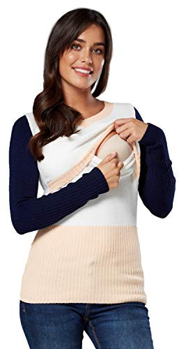 HAPPY MAMA. Maternité Pull-Over d'allaitement Manche Longue V Cou.454p (Abricot et Blanc, 40-42, L/XL)