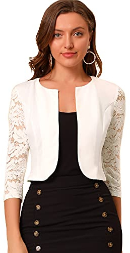 Allegra K Femme Shrug Dentelle Manches 3/4 Veste Habillée Soirée | Coupe Courte Manches 3/4 Dentelle Veste de Soirée sans Col
