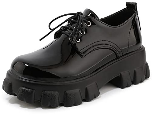 PAUVAODY DaHerren Klassischer Schnüren Plateau Chunky Mid-Heel Oxfords Dress Pump Schuhe Uniform Dress Lolita Wedge Pumps Big Size für M?nner Black Size 38