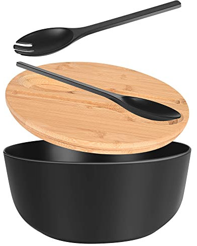 INNOVEST Salatschüssel Bambus mit Schneidebrett Deckel, Besteck, Salatbesteck-Inklusive 4 Servierschalen, Obstschüssel-Salad Bowl-Schüsselset-Snackschale-Schwarz, 24,9 cm
