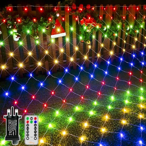 Ollny Net Lights Outdoor, 200 LED 3m x 2m Christmas Fairy Lights Mains Powered, Waterproof Mesh String Light with 8 Lighting Modes/Timer/Remote/Dimmable, for Xmas Tree/Outside/Garden, Multicoloured