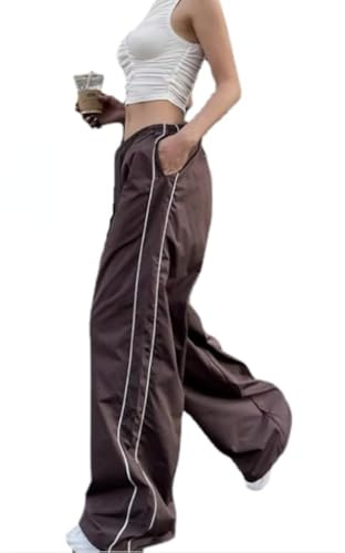 XPONNI Women's Baggy Y2K Parachute Track Pants (Brown, L)