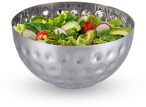 Relaxdays Ciotola da Portata, Insalatiera Ø 25 cm, Design Martellato, Scodella in Acciaio Inox, Tavola e Cucina, Argento