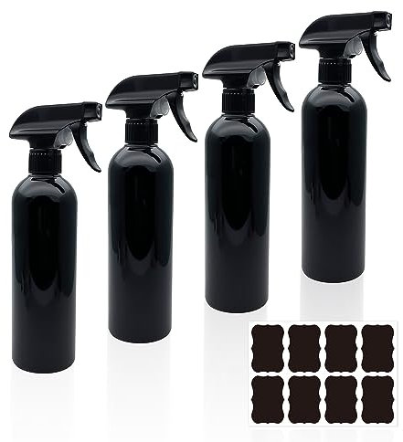 TAFACE 4 flaconi spray neri ricaricabili vuoti flaconi spray multiuso in plastica con etichette per pulizia, giardinaggio, parrucchiere e altro ancora (500 ml)