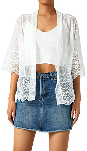 Edhomenn Women Sheer Shrug Cardigan Short Sleeve Solid Color Lace Patchwork Lightweight Knit Shrugs Ladies Bolero Cardigans (A-White, M)