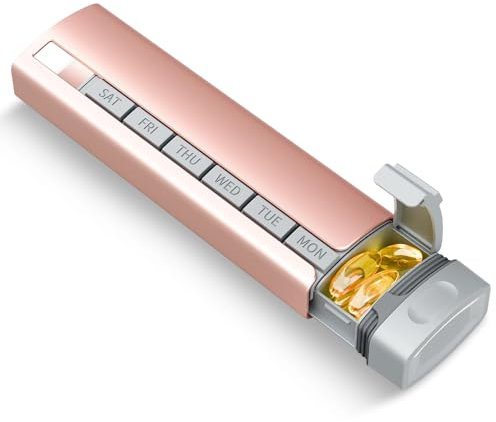 Betife Tablettenbox 7 Tage，Aktualisierte Metall Medikamentenbox 7 Tage, Pillendose für unterwegs, Pillenbox Reise Groß, Zweischichtig-Innenbehälter aus ABS und Schale aus Aluminiumlegierung (Rosa)