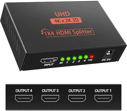 AUELEK HDMI Splitter 1 IN 4 OUT - 3D 4K 1080P Distributor 1x4 With HDCP 1.4 Amplifier, USB Cable Compatible With PC PS3 HDTV Projecteur Blu-ray DVD