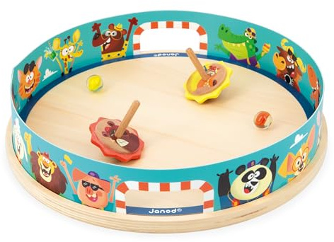 Janod - Toupies Arena Applepop - Jeu d'Adresse pour Enfants - 1 Arène + 2 Toupies avec Lanceurs + 2 Billes en Verre - Développe la Dextérité - Jouet en Bois FSC - Dès 4 Ans,J03355