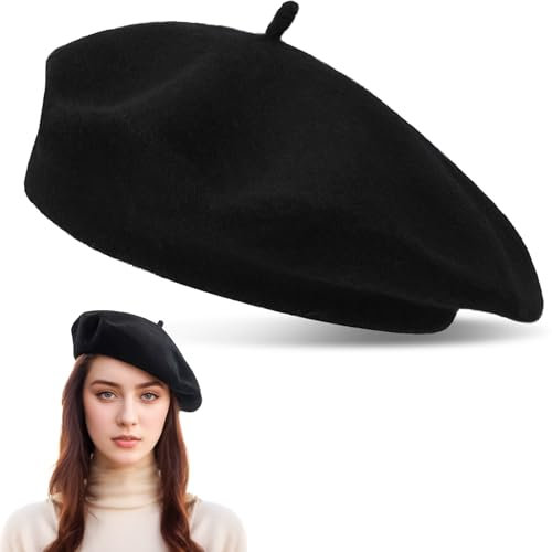 Baskenmütze Damen Schwarz, Baskenmütze Barett Damen, Französische Klassische Baskenmütze, Filzoptik Baskenmützen Barette für Damen, Damen Französischen Baskenmütze Franzosenmütze, Barett Bordeaux