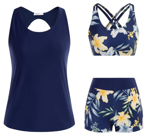 JASAMBAC Tankini för damer, 3-delad, med magkontroll, push-up-bikiniöverdel och badshorts med hög midja, enkla badkläder, sportbaddräkt, badmode för pool och strand, S