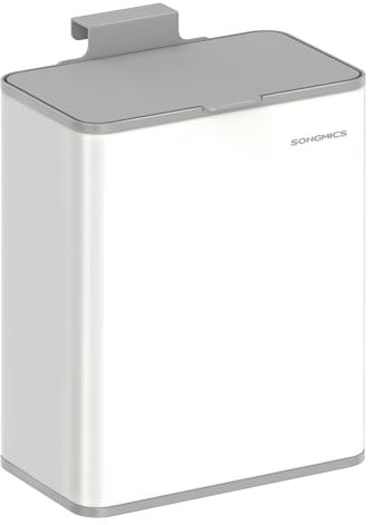 SONGMICS Mülleimer hängend, 8 L Komposteimer Küche, Stahl-Abfalleimer mit Deckel für Biomüll, mit Haken, an der Schranktür oder Wand, für Unterschrank Badezimmer, wolkenweiß LTB810W01