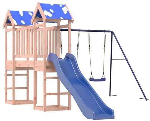 vidaXL Play Tower, Climbing Frame with Roof, Slide, Swings Bridge, Children's Climbing Tower Play Accessories for Garden, Wooden Playground Playhouse, Solid Wood Douglas Fir