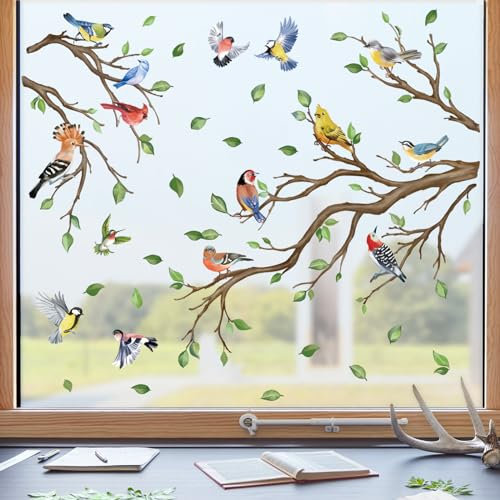 wondever Spring Summer Birds Tree Branch Window Clings Colorful Birds Glass Sticker Decal Anti Collision Double-Side Static Window Stickers for Home Glass Window