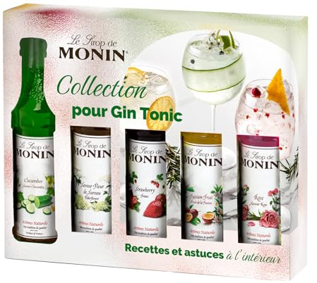 MONIN - Coffret Sirop MONIN Pour Gin Tonic Saveurs Rose/Fleur de Sureau/Fraise/Fruit de la Passion/Concombre - Pour Cocktail Avec ou Sans Alcool - Arômes Naturels - Bouteille en Verre - 5 x 5 cl