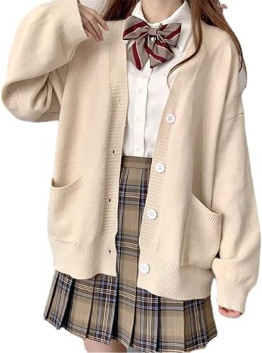 Goolecrimp Cardigan da Donna in Maglia con Bottoni e Scollo a V Maglione College, con Tasche Giacca Maglione Carino Kawaii Cardigan Oversize Maglia estetica a Maniche Lunghe (Mandorla,Taglia Unica)
