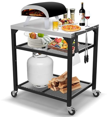 GFTIME Carro de mesa para horno de pizza, para Ooni, Ninja Woodfire, Blackstone Griddle, Weber Q, carrito grande de isla de cocina multiusos, soporte para barbacoa al aire libre, mesa de barbacoa de