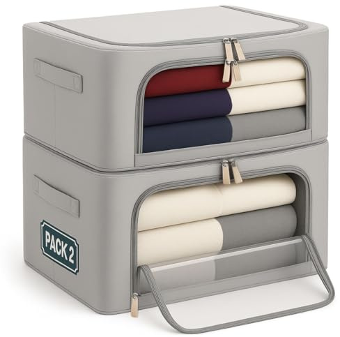 ZUNOVI Cajas Almacenaje para ropa, Juego de 2 unidades, tela Oxford impermeable y Marco de metal | Organizador de armario apilable | Cajas organizadoras con Asas laterales | Bolsas para guardar ropa