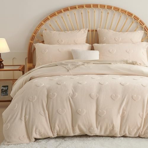 Freyamy Peluche Housse de Couette 140x200+1 Taie d'oreiller 65x65cm Beige Tuftée Amour Shaggy Furry Parure de lit 1 Personne Ado Flanelle Fuzzy Hiver Chaude Linge de lit avec Fermeture Éclair