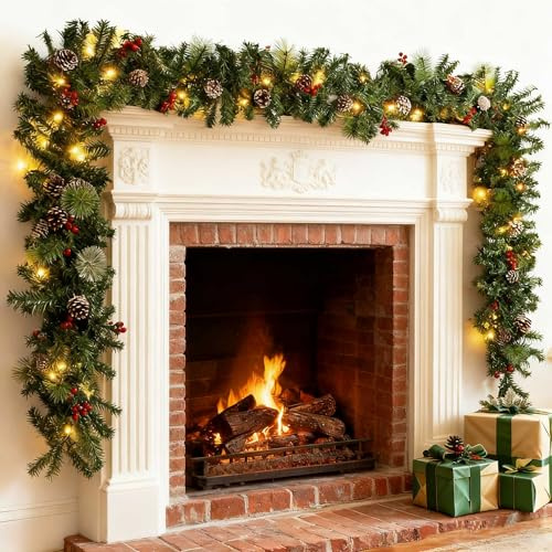 9FT/2.7M Artificial Norfolk Pine Garlands with Lights, Xmas Garlands for Fireplace Stairs Front Door,Light Up Artificial Wreath Table Porch Arch Mantle Garden Gate Home Outdoor Decorations