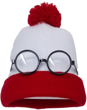 Seaehey Mütze Rot und Weiß Strickmütze Beanie Cosplay Hat Mütze mit Brille Warme Wintermütze Bommel Beanie Halloween Weihnachten Party Zubehör