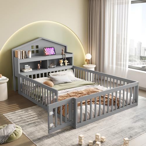 YuQozii Cuna de 140 x 200 cm, marco de madera maciza, con estantes y espacio de almacenamiento, con rejilla de protección y puerta, con listón de cuadros, con somier (gris)