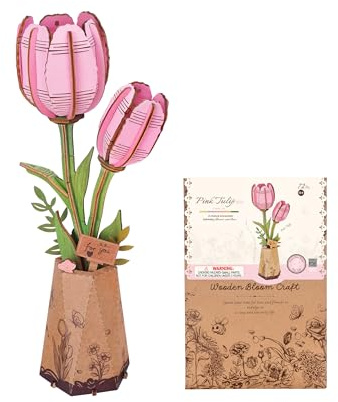 ROBOTIME Rosa tulpan 3D träpussel, konstgjorda blommor modellkit för vuxna att bygga, kreativ heminredning, tillbehör vardagsrum, gåvor för kvinnor på alla hjärtans dag, blombukett