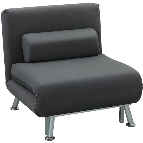 HOMCOM Poltrona Letto Singolo 3 in 1 con Schienale Reclinabile su 5 Livelli, Cuscino Imbottito e Materasso, Divano Letto Singolo Pieghevole per Soggiorno, in Acciaio, Velluto, 75x70x75cm, Grigio Scuro