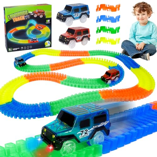 PQETBV Pista Macchinine per Bambini, Flessibile Pista Macchine 240 Pezzi con 2 Shine Cars Incandescente, Maschio Pistas Macchinine Elettriche Giocattoli Bambino 2-6 Anni