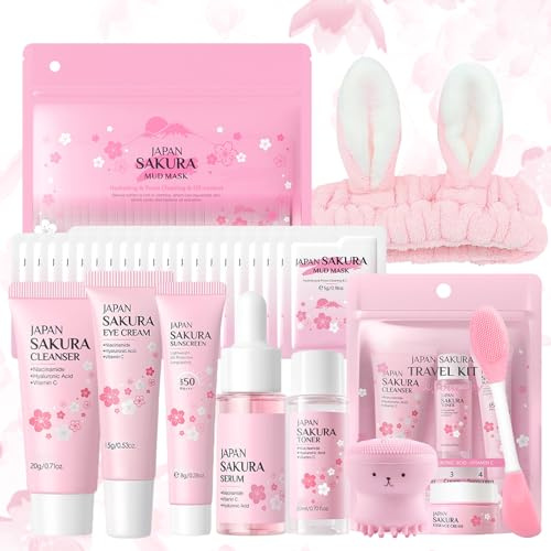 29 Pezzi Kit per la Cura della Pelle Sakura, include Detergente, Tonico, Crema Viso, Maschera, Siero e Crema per Gli Occhi, Mini Size da Viaggio Prodotti Skincare per Ragazze e Donne