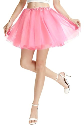 PLULON Pink Tutu for Women Adults, 5 Layers Neon Colorful Tutus Skirt Puffy Elastic Tulle Dance Ballet Bubble Skirts Halloween Costume 80s Vintage Outfit for Girls Valentine Bachelorette Party Favors