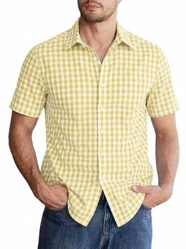 Halfword Camisa a Cuadros Hombre Manga Corta Algodón Popelín Botones Trabajo Transpirable Vacaciones de Verano Corte Elegante e Informal