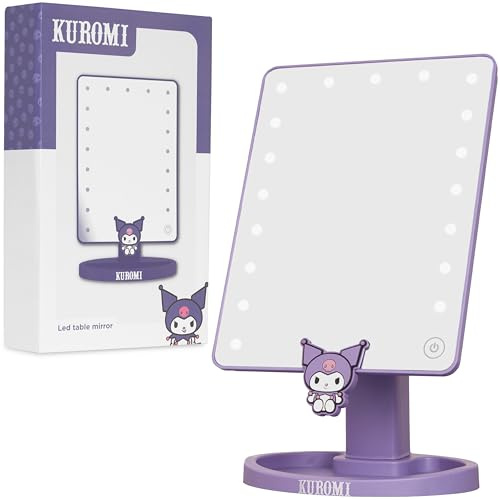 Get Trend Sanrio Kuromi sminkspegel med lampor, sminkspegel med toalettbord, LED-spegel med prydnadssbricka, kompakt och batteridrivna resetillbehör, anime-gåvor för kvinnor flickor (lila Kuromi)