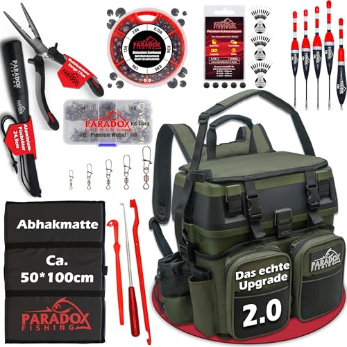Paradox Fishing Multifunktions-Sitzkiepe I Angelrucksack I Angeltasche Angelkoffer mit Sitz Angelkoffer- viel Platz für Angelzubehör (XXL Set schwarz/grün)