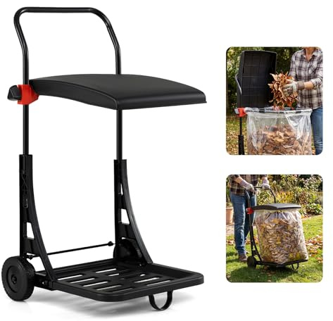 COSTWAY Carro para Bolsas de Basura, Carro Saco Jardín con Ruedas, Tapa con Altura Ajustable, Estructura de Metal, para Interior y Exterior, Soporte para Bolsas de Basura para Césped, Residuos