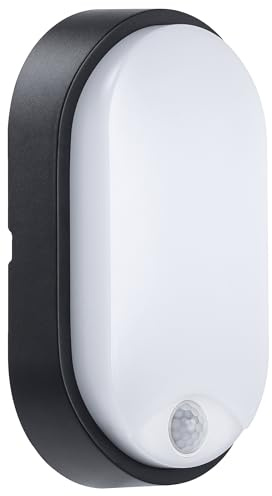 Luceco Eco Outdoor LED Bulkhead Light with PIR Motion Sensor, Decorative Exterior Lighting, Oval, Black, IP54, 10W, 700lm, 4000K, EBEO10P40