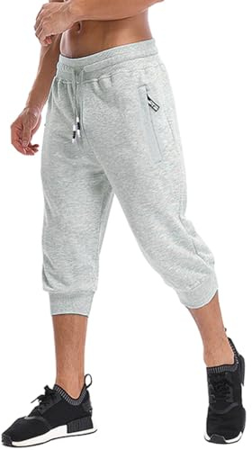 MAGNIVIT Mens 3/4 Capri Pant Cotton Tapered Stretchy Sport Running Gym 3/4 Pant Three Quarter Jogger Sweatpant Capri for Men Grey