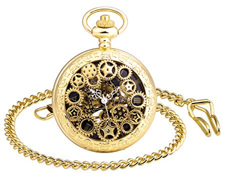 MICGIGI - Reloj de bolsillo mecánico unisex con cadena, estilo retro, estilo punk y esqueleto, dorado, Retro