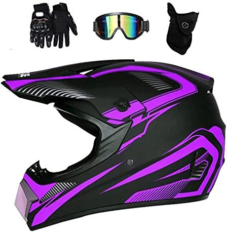 LOOSE Adulte MX VTT Dirt Bike Motocross D.Ö.T Gants Lunettes certifié Masque Vitesse Combo Off Road Casque Motocross (4 pièces),Violet,L