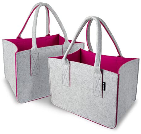 Tebewo 2er-Set Filztasche - praktische Einkaufstasche im Doppelpack - Shopping Bag - Einkaufskorb aus Filz - faltbare Tragetasche - Grau/Magenta