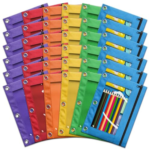 Pencil Pouch for 3 Ring Binder, Bulk 36 Pack 3-Holes Zipper Pencil Pouches in Assorted Colors, Sturdy and Durable Cloth Pencil Holder with Clear Window for Office School College Supplies (36)
