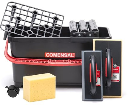 COMENSAL® Cubeta Alicatador 24L - Conjunto de Limpieza de Baldosas 9 Piezas - Juego de Lavado con Ruedas - Rodillos - Llana para Limpieza Hydro - Made in EU