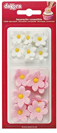 Dekora - Caja de Flores de Azucar con 7 Margaritas Blancas y 7 Margaritas Rosas - Figuras Comestibles para Tartas - Decoracion Tarta Cumpleaños de Azúcar