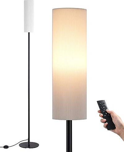 EDISHINE Floor Lamp, Standing Lamp with Wrinkled Linen Lampshade, Floor Lamps for Living Room, Bedroom, 165cm, E27 Socket(9W LED Dimmable Bulb Included), Magnetic Remote Control, Black