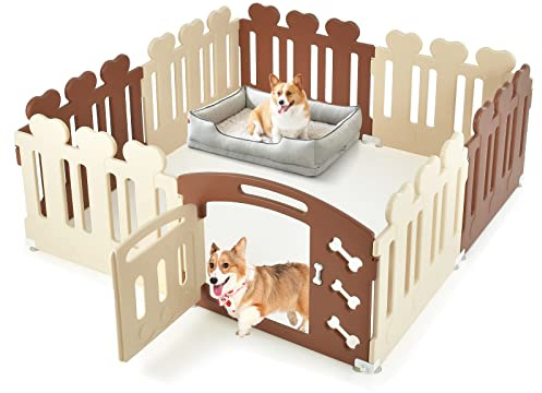 GYMAX Parc pour Chien à 8 Panneaux en Forme d’Os, Enclos Intérieur Extérieur avec Porte Ouvrable, Barrière de Sécurité en Plastique avec Ventouse, 155X155X61CM, Café+Beige