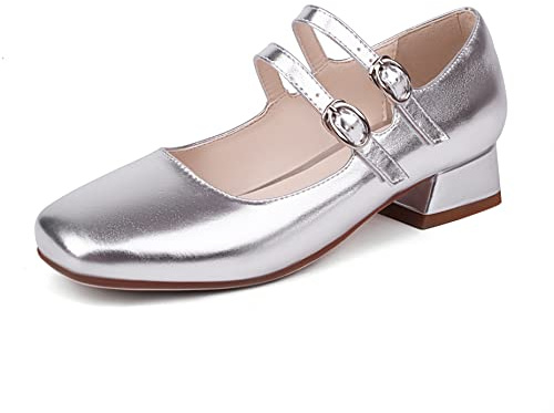 elerhythm Mary Jane - Scarpe da donna con tacco basso, stile casual, con doppio cinturino alla caviglia, con tacco a blocco spesso, argento, 40 EU