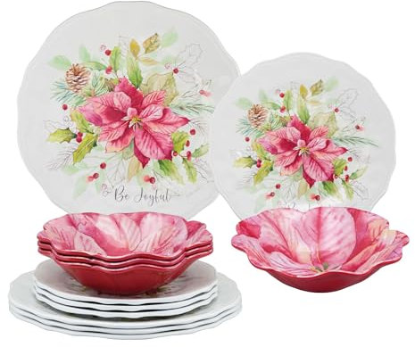 UP Juego de vajilla de melamina de 12 piezas, incluye platos llanos, platos de ensalada, cuencos, servicio para 4 (Joyful Holiday)