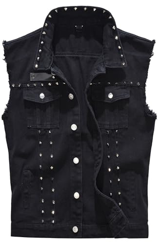 ZDJSWJ Herren-Weste, Punk, Rock, Denim, Jacke, Revers, Mantel, Niet, Jacke, Knopf, Trucker, Jeans, ärmellos, Schwarz , M