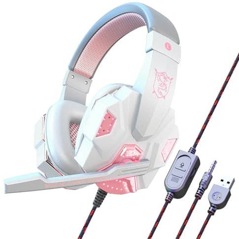 SHIERLENG Stereo Gaming Headset ENC Noise Cancelling Over-Ear Headphones with Microphone, LED Light, Surround for PC, PS5, PS4, Xbox One, Switch, Laptop, Cellphone Pink